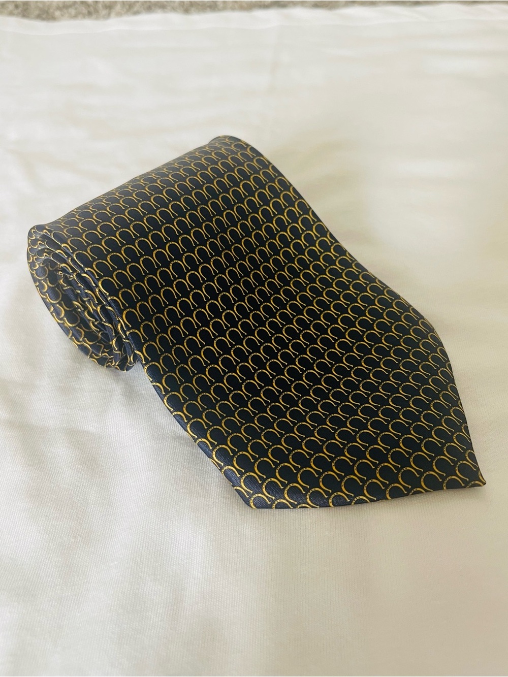 Rene Chagal Navy Blue Silk Tie with Gold Horseshoes